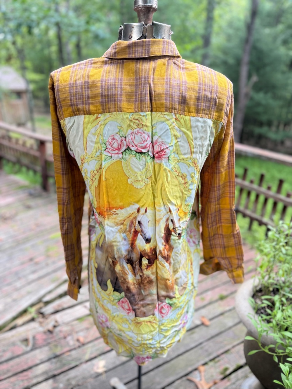 Aratta Western Babe Plaid Yellow Horse-Print Button Down Shirt Size S